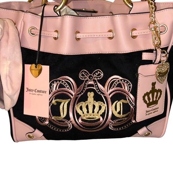 JUICY COUTURE EXCLUSIVE JUICY LOVERS CLUB BLING CROWN TOTE BLACK VELOUR & PINK - Picture 4 of 11
